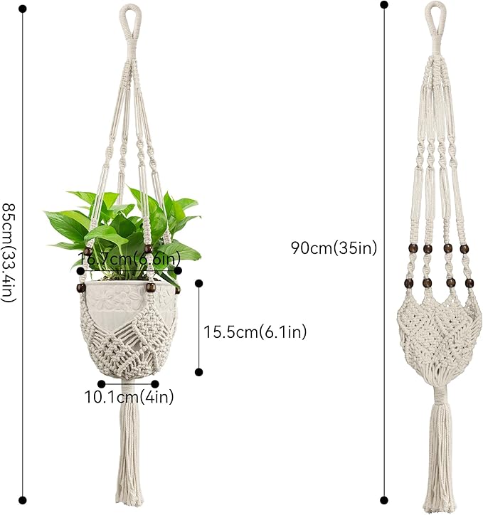 USLAI Macrame Handmade Basket Plant Hanger (2-Pack), for 3-8 Inch Pots, Indoor Outdoor Strong Hanging Planter Flower Pot Holder with Beads and Tassels, Boho Home Decor (POTS NOT Included) (White)