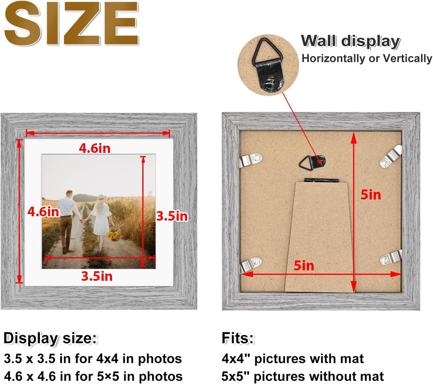 KINLINK 5x5 Picture Frame, Grey Square Solid Wood Frames for Pictures 4x4 with Mat or 5x5 without Mat, Wall and Tabletop Display Photo Frames Grey Wood 4 Pack
