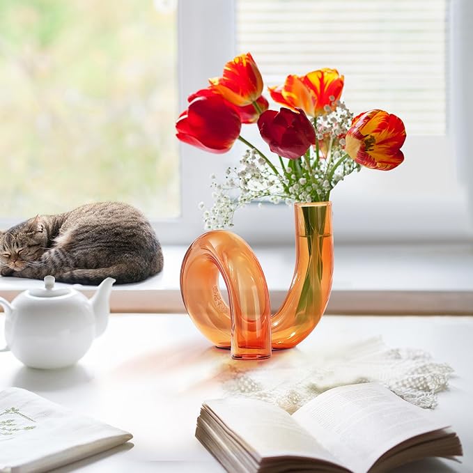 Joeyan Handmade Small Amber Glass Flower Vase,Decorative Geometric Glass Bud Vase for Modern Home Centerpieces Living Room Office,4.72" Abstract Vase for Single Flower and Dry Flowers