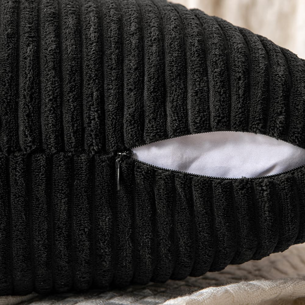 MIULEE 12x20 Inch Boho Lumbar Accent Pillows Set of 2 - Black Corduroy Textured Throw Pillow Covers with Cross Patchwork Design, Soft Spliced Decorative for Sofa, Bed & Reading Nook