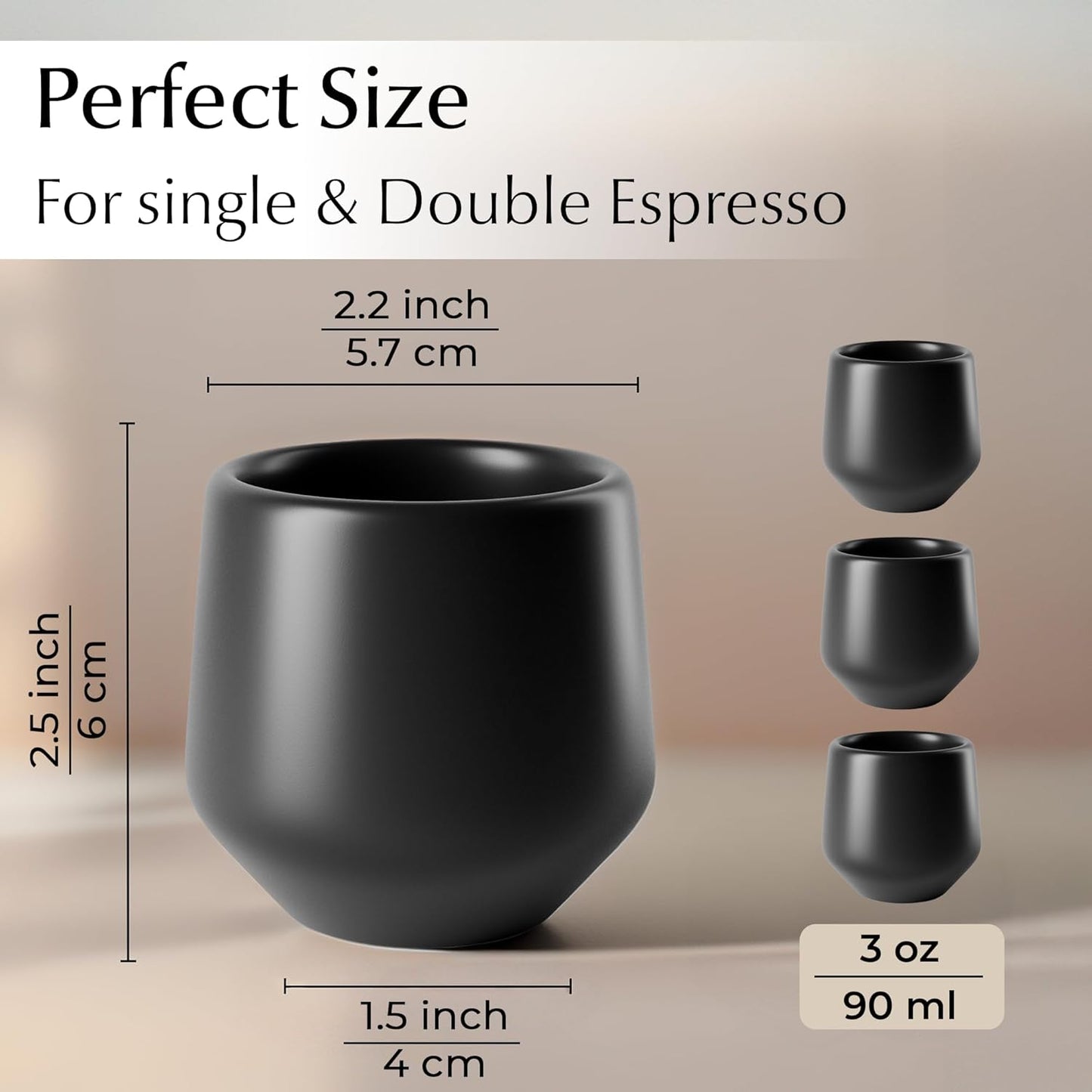 MIAMIO - Espresso Cups Set of 4 (3 oz) / Espresso Cup, Ceramic Espresso Cups, Handleless Mug, Japanese Tea Cups - Luxe Collection (Black)