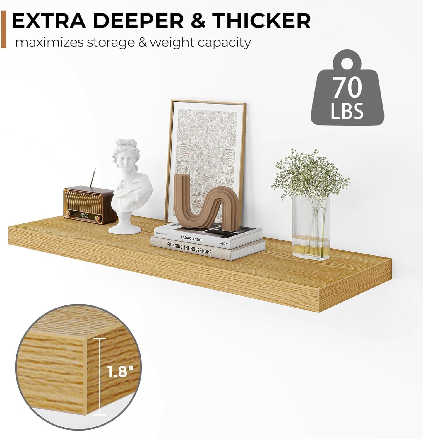 Fun Memories Floating Shelves - 2 Pack 12 Inch Deep Rustic Wooden Wall Shelves - Extra Deeper & Thicker Wall Mounted Storage Shelf for Living Room, Kitchen, Farmhouse - 36" W x 12" D x 1.5" H - Oak