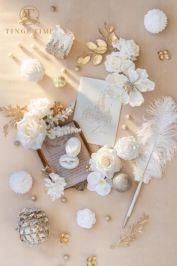 TINGE TIME Roses Artificial Flowers White Faux Flowers Bulk for DIY Bridal Wedding Bouquets Baby Shower Centerpiece Table Home Decorations（Brilliant White）