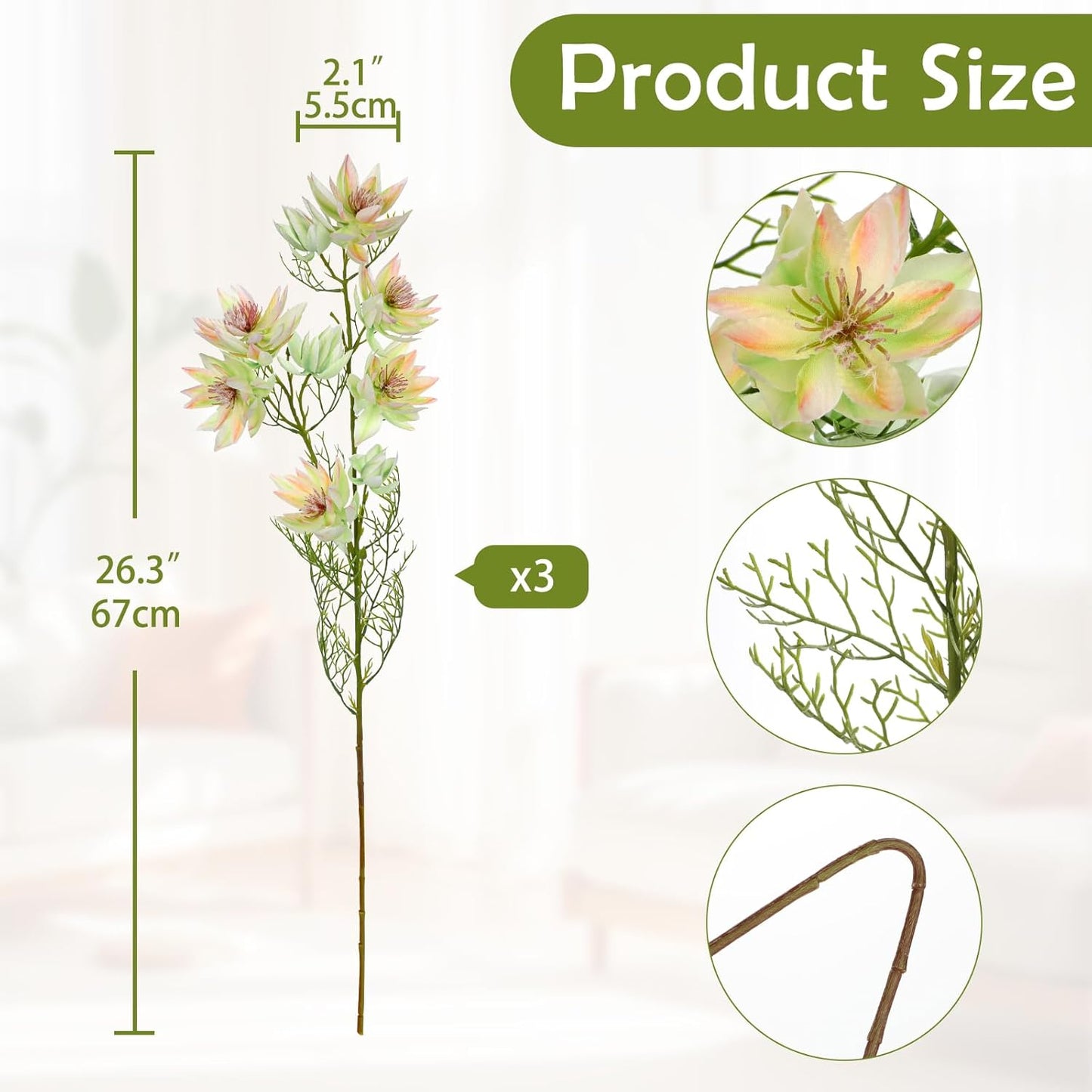 Hollyone 3Pcs Green-Pink Artificial Flowers Silk 26.3" Fake Protea Flower with Long Stem Faux Flowers Arrangement Branch with 6 Heads for DIY Wedding Party Centerpiece Floral Bouquets Table Home Decor