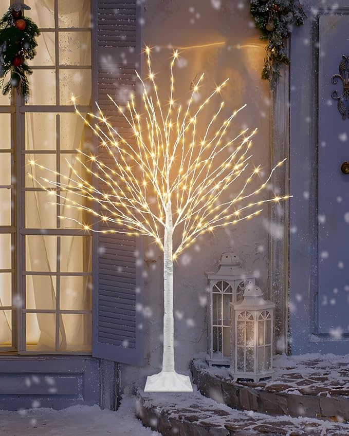 4 FT Lighted Birch Tree Artificial White Tree with 432 LED Timer Outdoor Artificial Trees for Christmas Festival Patio Home Indoor Decor