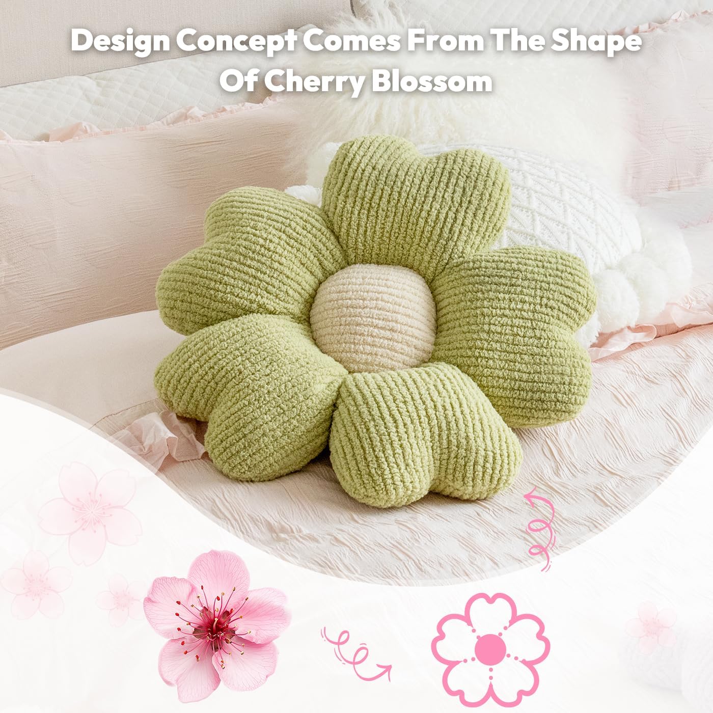 Flower Pillow, Flower Shaped Throw Pillow, 19.7" Grass Green Preppy Pillows Cute Decorative Seat Cushion Aesthetic Pillows for Bed Floor Couch Chair