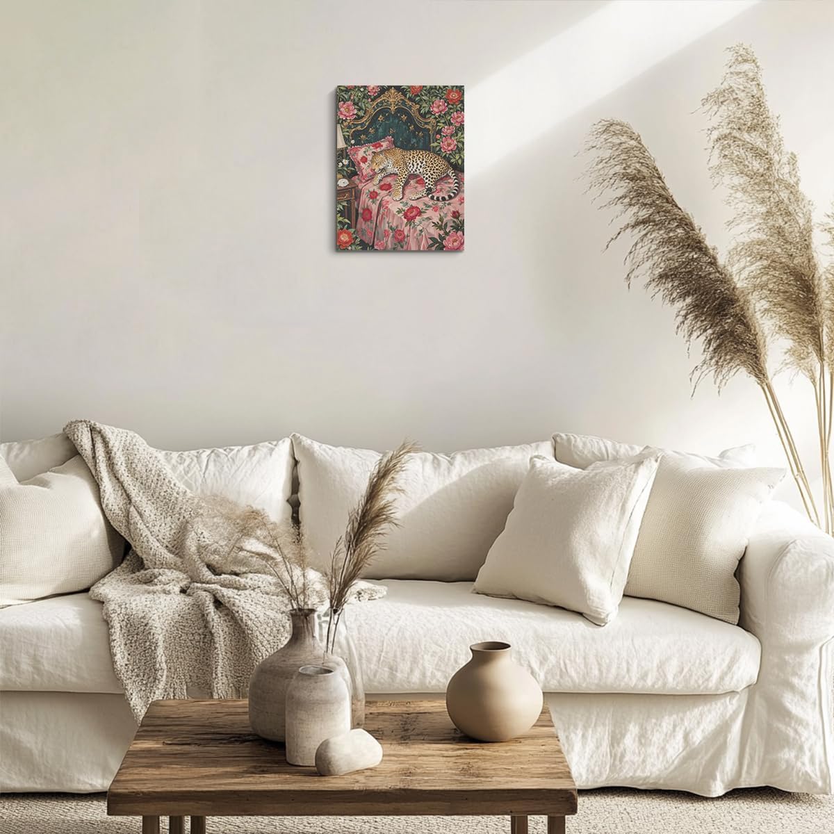 Leopard in Bed Wall Art, Mid Century Vantage Animal Portrait Oil Painting Canvas Framed Prints Modern Decorations, Maximalist Leopard Poster for Bedroom Living Room Entryway Aesthetic