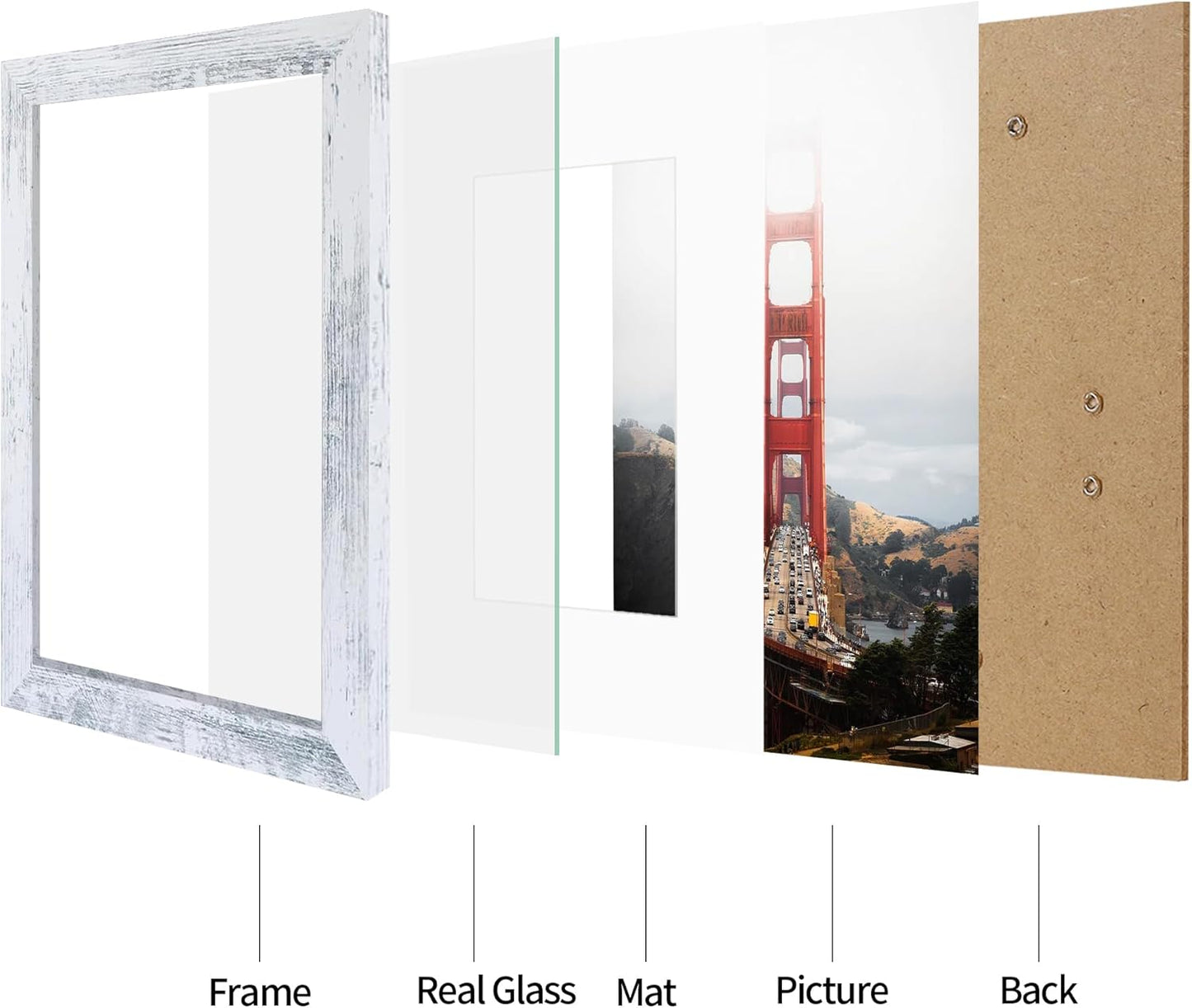 iRahmen 8x12 Picture Frame Set of 2, Distressed White Wood Photo Frame with HD Glass - Display Pictures 6x8 with Mat or 8 x 12 without Mat for Horizontal or Vertical Tabletop and Wall Mounting