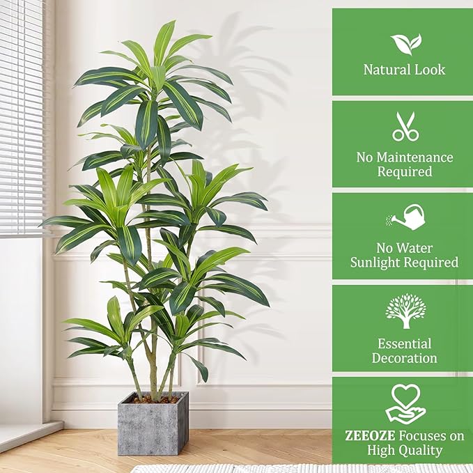 5Ft Dracaena Plant Artificial Tree Fake Tropical Floor Plants Potted (Real Touch) Artificial Silk Tree Leaf Faux Trees Black Tall Planter for Home Office Living Room Indoor Outdoor Decor（2Pack）