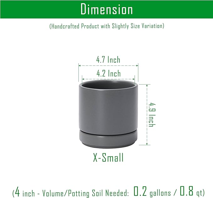 D'vine Dev 4.7 Inch Ceramic Planter Pot with Drainage Hole and Saucer, Indoor Cylinder Round Planter Pot, Grey, 94-O-B-3