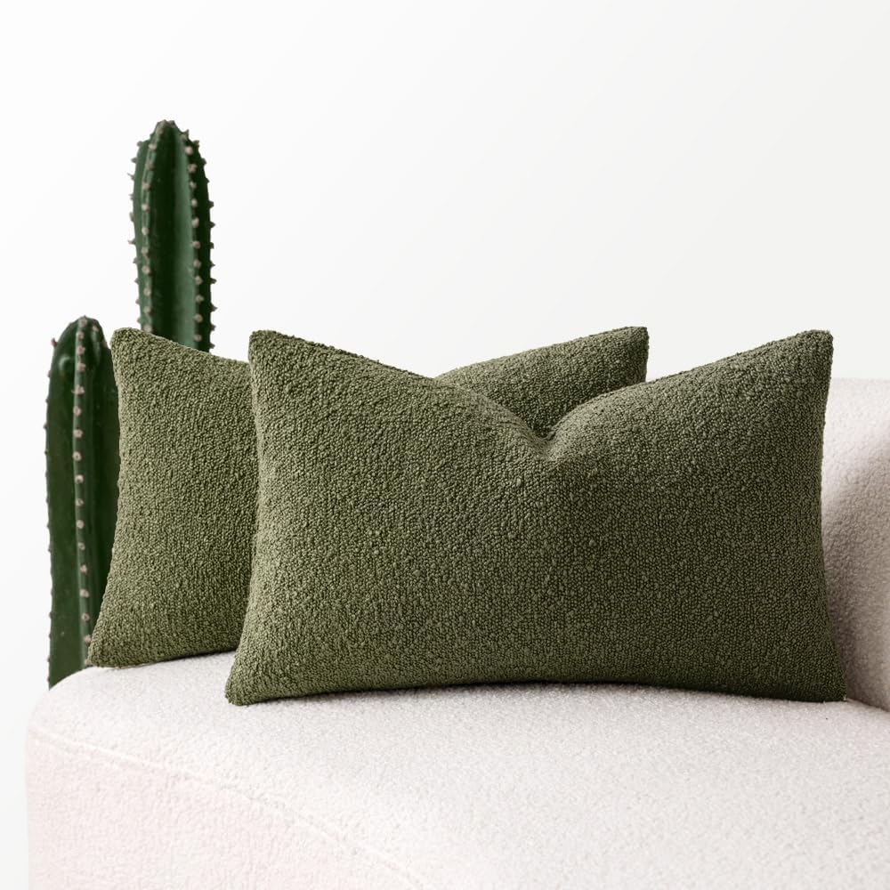 MIULEE 12x20 Inch Decorative Lumbar Throw Pillows for Bed Set of 2 Textured Boucle Neutral Winter Throw Pillow Covers Olive Green Accent Solid Pillowcases Sofa Livingroom Home Decor