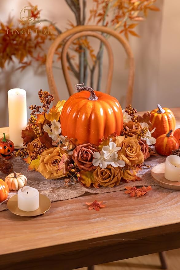 TINGE TIME Artificial Flowers Combo Set, Gradient Color Flower Leaf with Stems for DIY Wedding Bouquets Centerpieces Baby Shower Party Home Decorations(Orange and White)