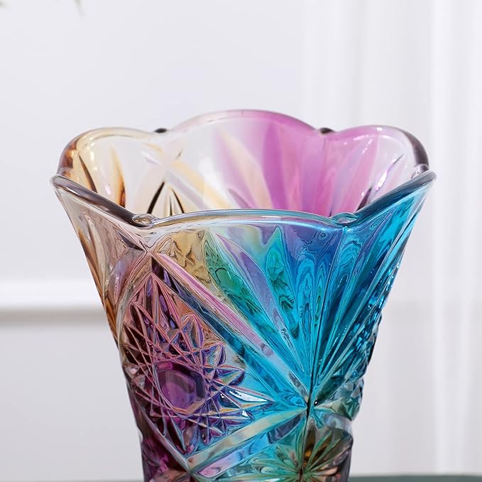 Glass Colorful Vase,Glass Flower Vase Decor for Home Dining Table Living Room,Office Wedding Holiday Party,Handmade Pattern(Sun Flower)