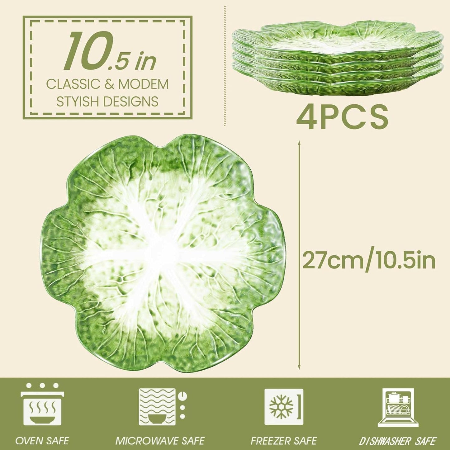 KXZ Set of 4 Green Ceramic Salad Plate, 10.5 Inch Cabbage Plates, Porcelain Decorative Plates for Kitchen, Round Appetizer Bowl for Dessert, Decorative, Dinner, Pancakes, Steak