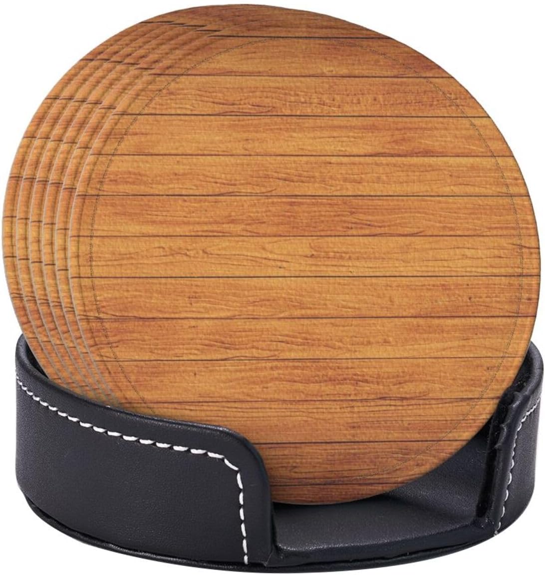 Drink Coasters with Holder Stand Set of 6, Ivy Wood Grain Board Pu Leather Absorbent Coasters with Cork Base Table Round Coaster for Housewarming Apartment Kitchen Bar Decor