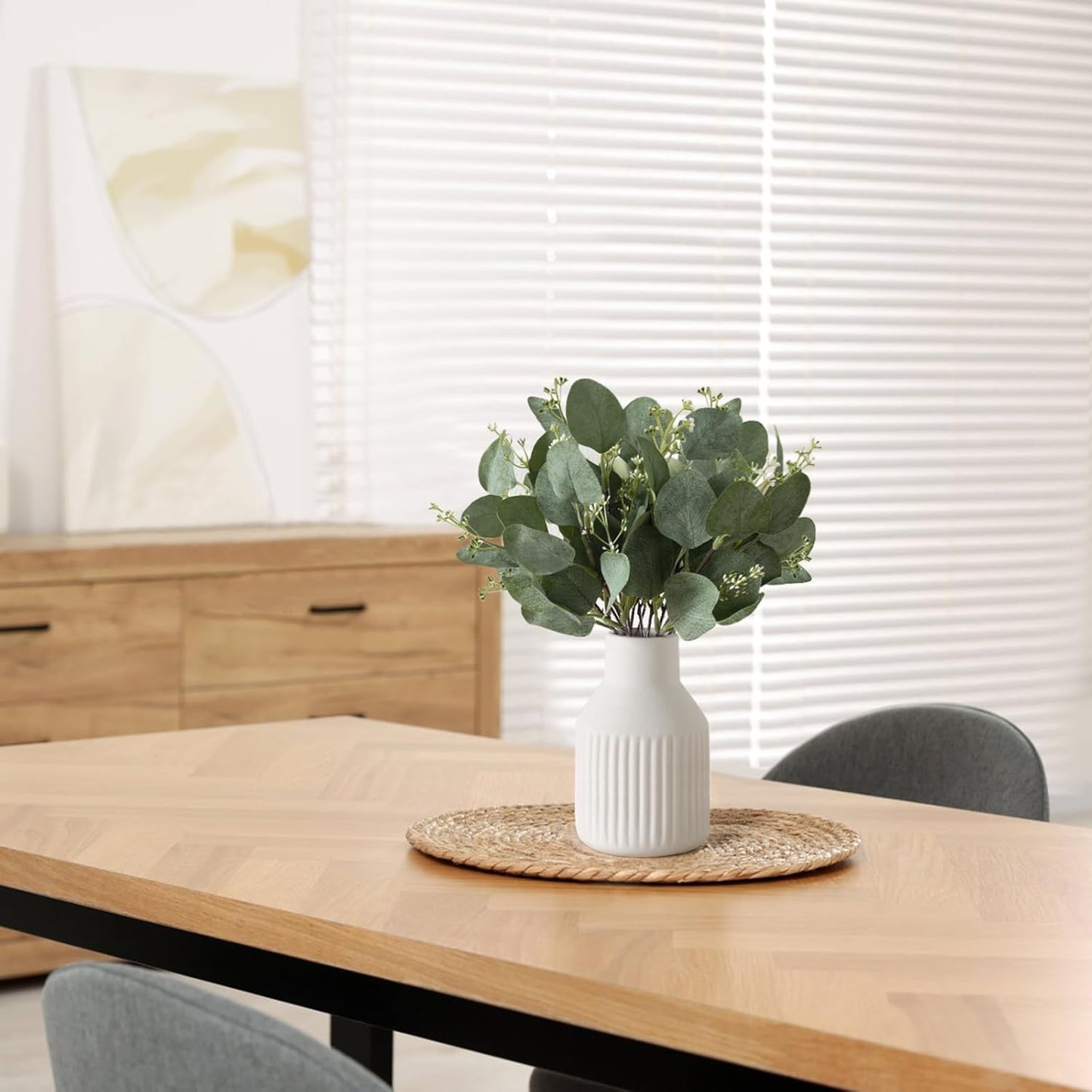 Dahey Artificial Eucalyptus Stems in Small Ceramic Vase Centerpiece Table Decorations Modern Farmhouse Decor Fake Eucalyptus Plants with Vase for Bathroom Kitchen Shelf Living Room Home Decor, White