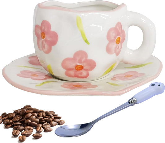 Coffee Mugs Set with Saucer Cute Flowers Cup Gifts for Women Birthday Tea Coffee Mug with Coaster 250 ML Ceramic Cup Birthday Gift for Women Girls Mom Friend Coffee Mug Tea Cup Saucer Set