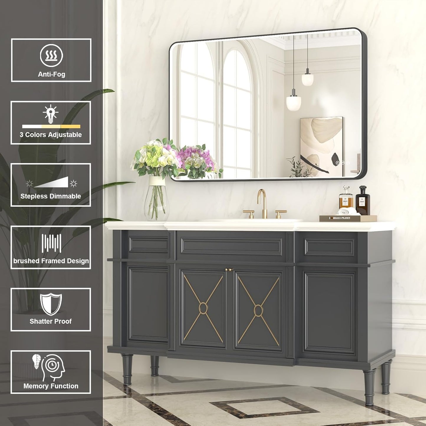 LED Mirror for Bathroom 40X28 Inch Black Framed with Anti-Fog, Stepless Dimmable, Front Lit, LED Bathroom Vanity Mirror for Wall, Memory Function, Shatter-Proof