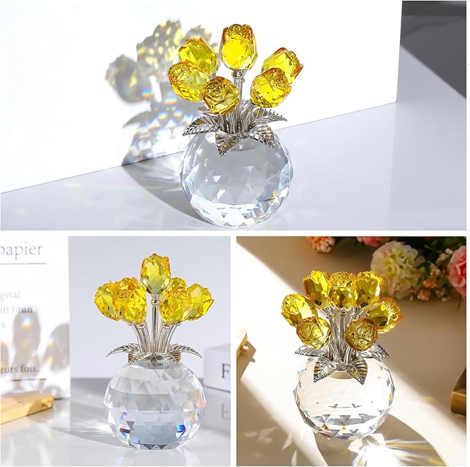 Ornalrist Crystal Yellow Rose Flower Collectible Figurine, Rose Bouquet Floral Romantic Gifts for Wife, Mom, Women on Mother's Day Valentine's Day Wedding Anniversary (5.11'' Gift Boxed)