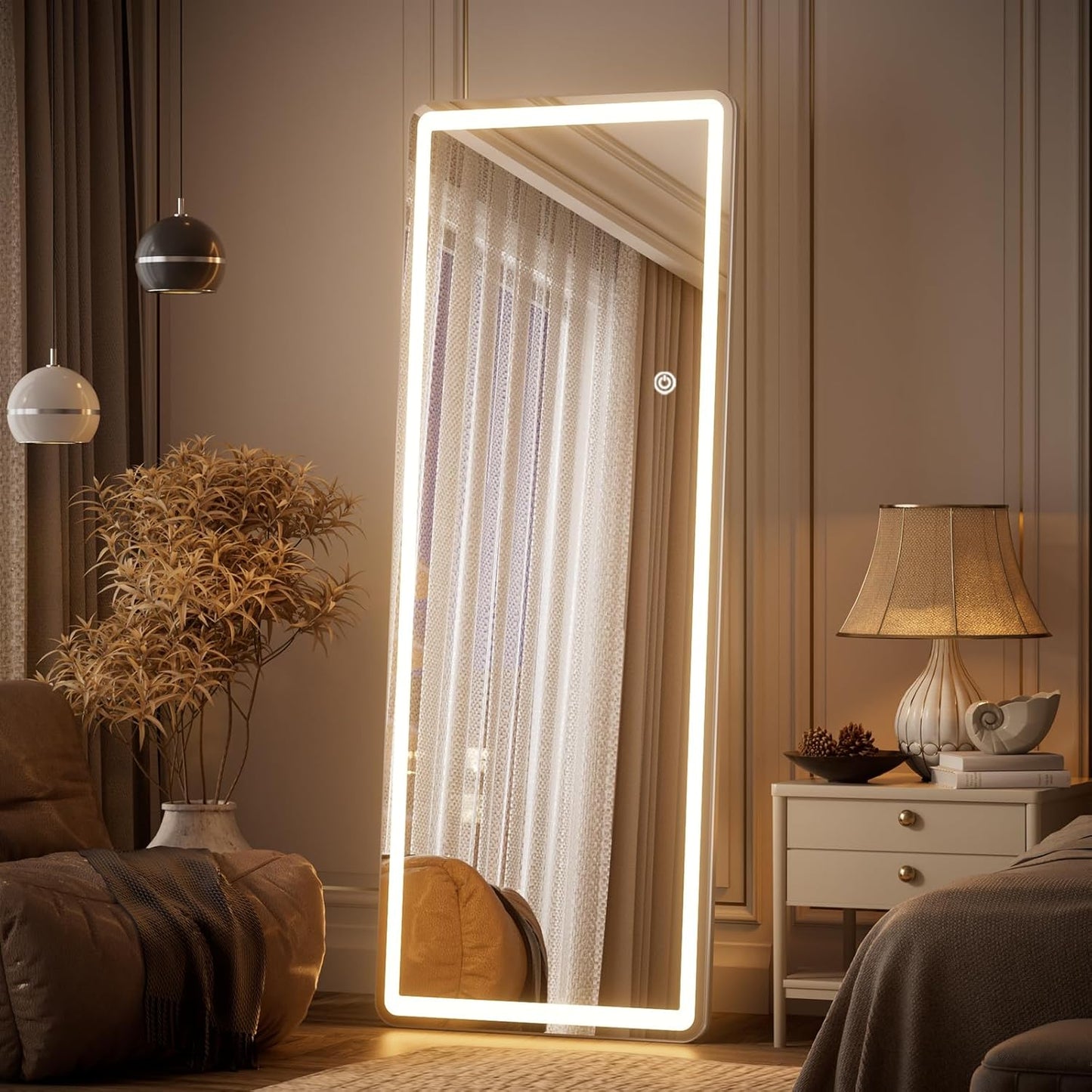 LED Full Length Mirror - 65" x 24" Mirror Full Length with Rounded Corner, Floor Standing for Bedroom/Dressing Room, 3 Color Lighting, White