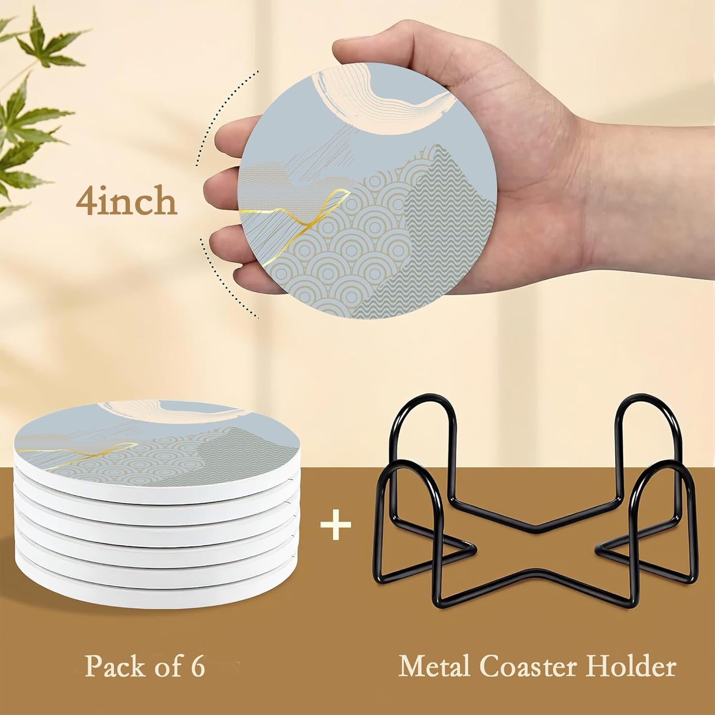 Drink Coasters with Holder,6 Pcs Japanese Style Sun Landscape Coffee Cup Mat with Storage Holder, Durable Ceramic Coaster Set for Hot & Cold Beverages