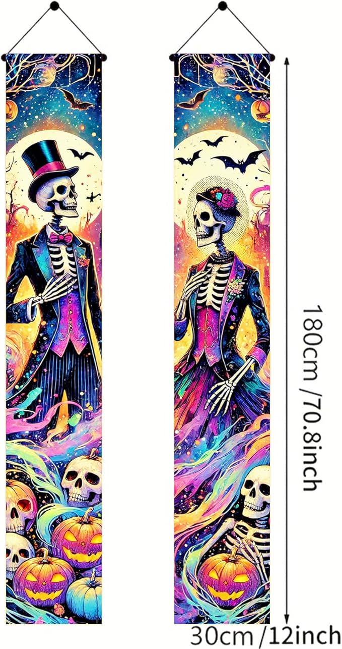 Skeleton Gentleman Lady Door Banner 12x71 Inch Halloween Holiday Porch Hanging Indoor Outdoor Front Door Vertical Decoration Purple Black Neon Pumpkin Bat Gothic Party Celebration Decor