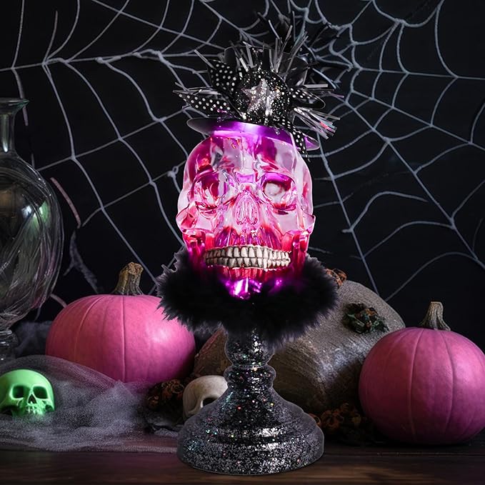 VCUTEKA Halloween Skull Head Light Indoor Decoration Skull Statue Halloween Sculptures with Magic Hat for Party Horror Decoration Holiday Decor Figurines Gift