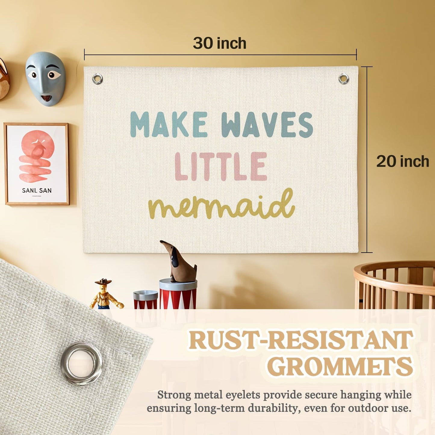 Mermaid Girls Room Decor, Ocean Room Decor Kids Wall Banner, Make Waves Little Mermaid Wall Hanging Banner Decor for Baby Nursery Little Girls Playroom Bedroom Bathroom 20x30