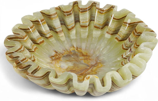 Marble Ruffle Bowl 8 Inch Green Stone Large Decorative Fruit Bowl for Kitchen Counter & Dining Table Centerpiece - Modern Fluted and Scalloped Bowls for Coffee Tables & Home Decor