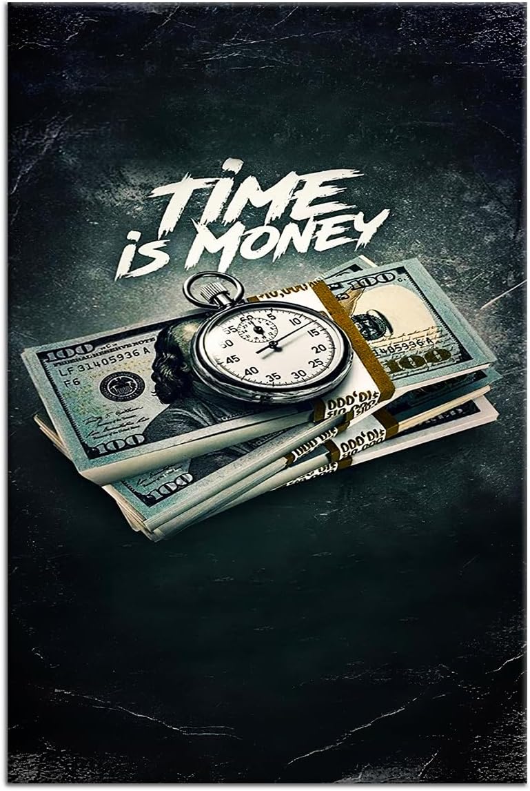 Inspirational Canvas Wall Art Time is Money Poster Print Motivational Pictures Vintage Painting Home Decor Artwork for Living Room Bedroom Office Decoration Framed Ready to Hang [18''W x 12''H]