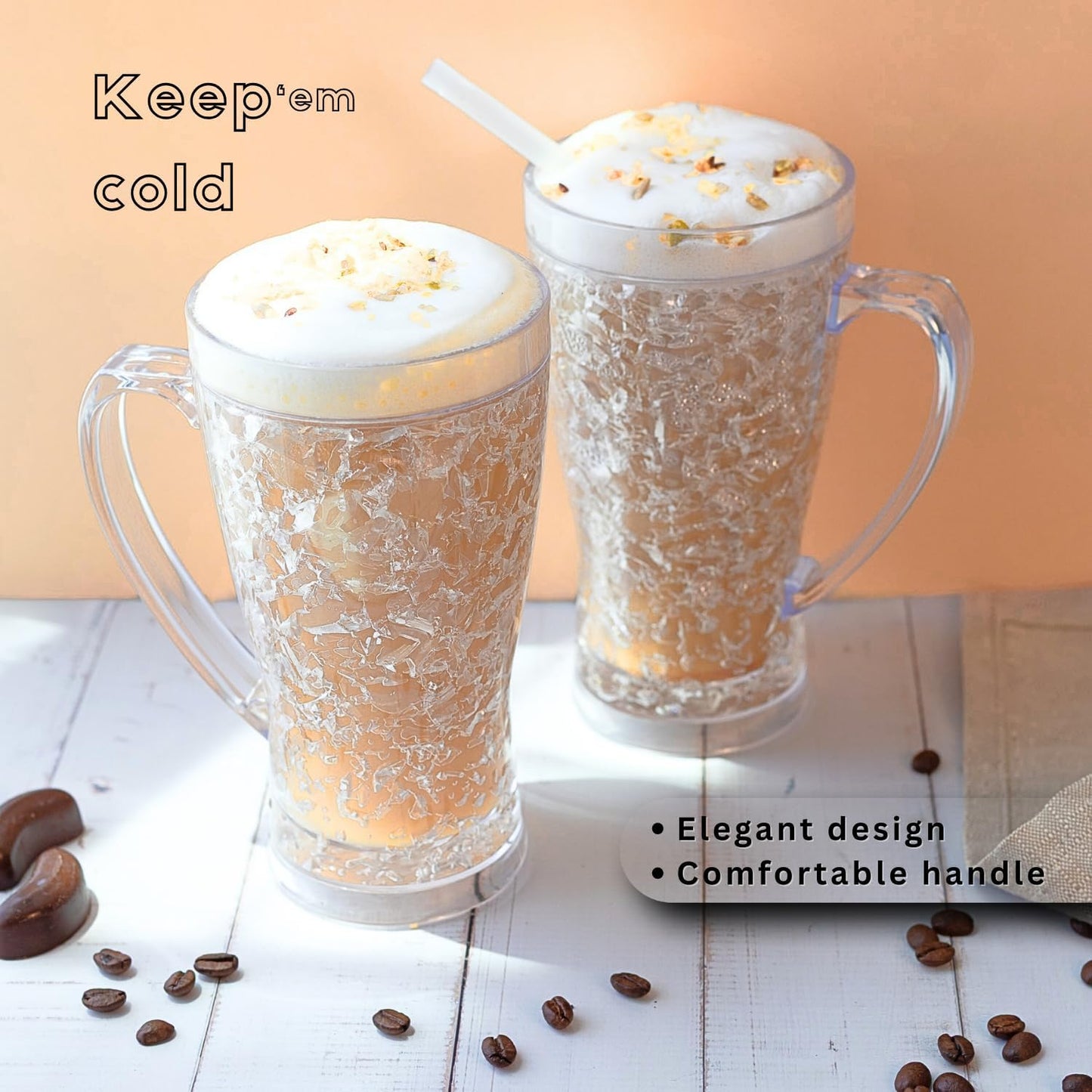 Ice Coffee Cups, Plastic Coffee Mugs, No More Diluted Drinks, Insulated Cups, Drinking Glasses, House Warming Gifts New Home, Gifts for Mom, Set of 2, 15 oz, coffee Bar Accessories, Smoothie Cup