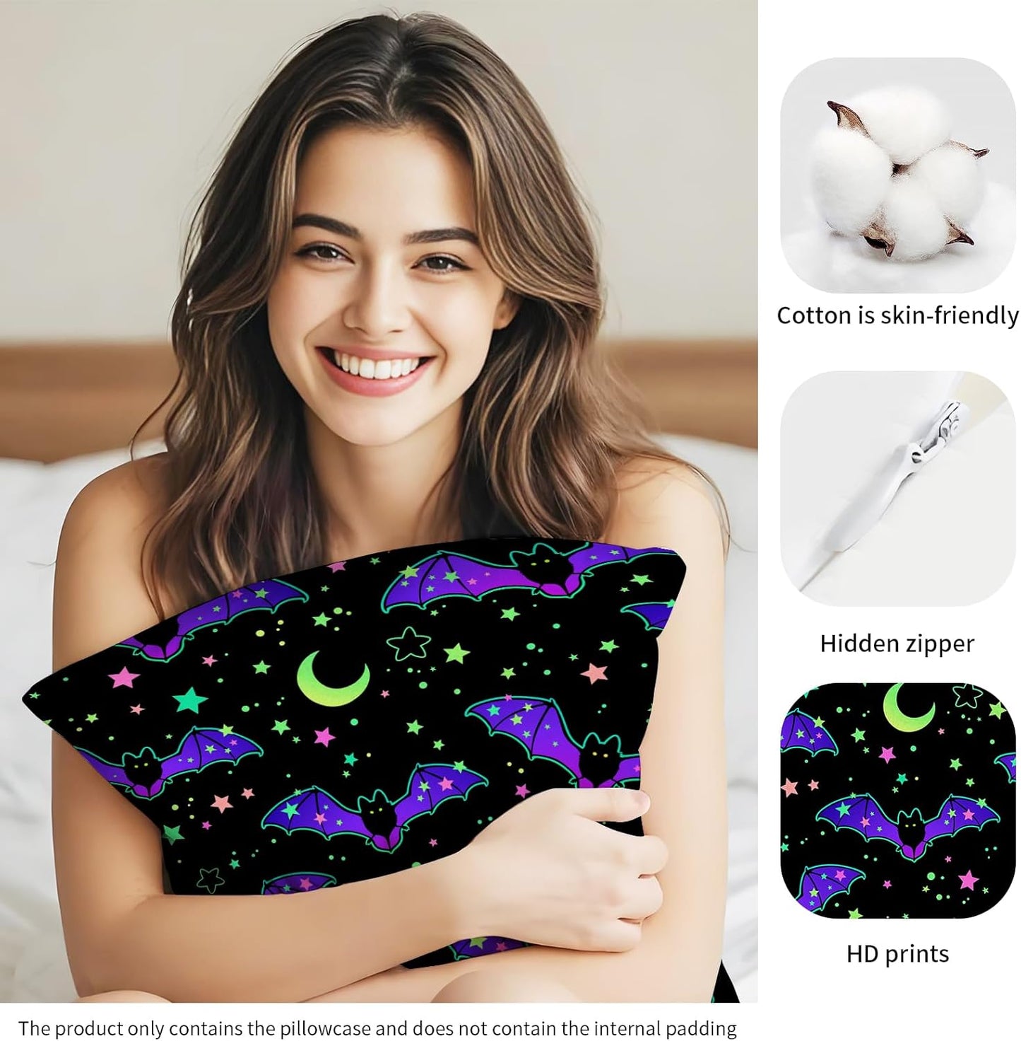 Decorative Throw Pillow Covers 18x18 Inch, Cute Home Decor for Living Room Outdoor Funny Pillowcase Polyester Cushion Case Purple Bat Stars