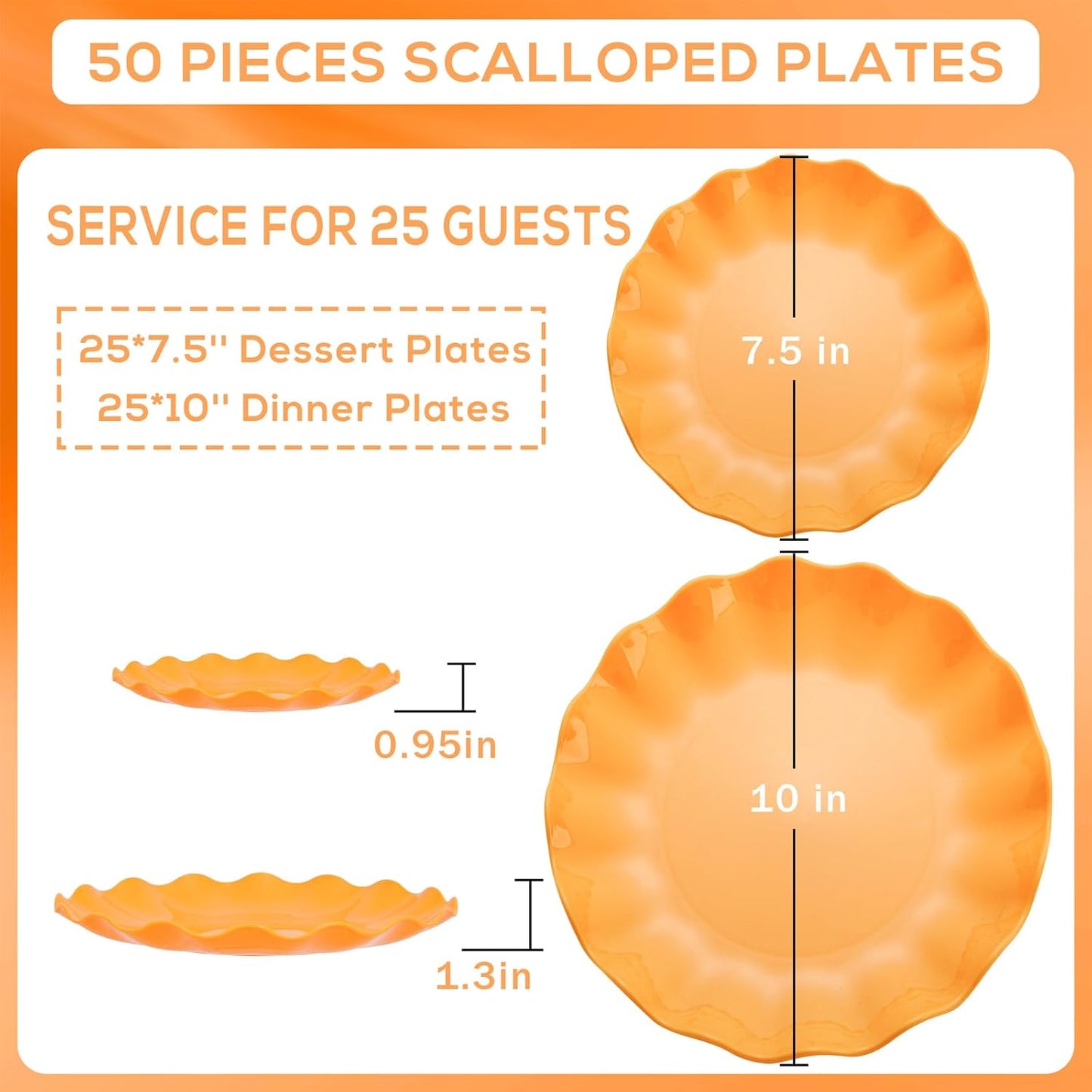 LIYH 50 Pcs Heavy Duty Thanksgiving Plates Orange Scalloped Plastic Plates Reusable Unbreakable Halloween Plastic Plate for Thanksgiving & Halloween Day, Dishwasher Safe BPA Free (25Guests)