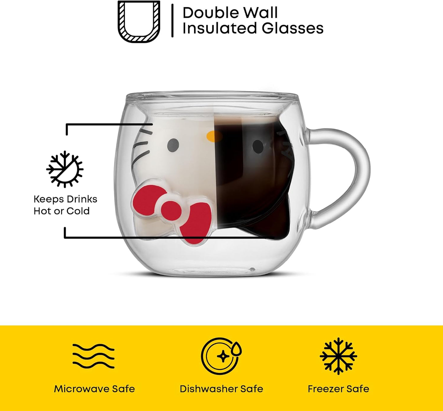 JoyJolt Hello Kitty 3D Espresso Cup, 5.5 oz Double Wall Glass Cup with 3D Design, Insulated Espresso Shot Glass, Kawaii Sanrio Cup for Double Shot Coffee or Tea, Hello Kitty Kitchen Stuff
