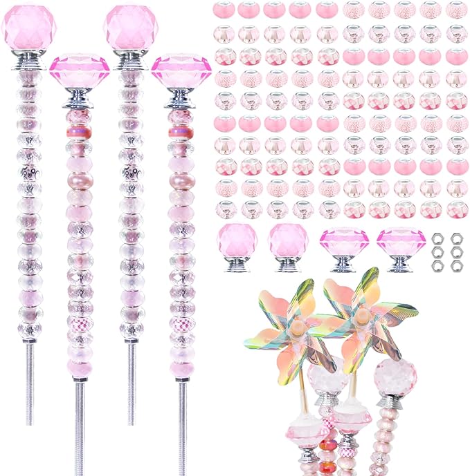 101 PCS Beaded Garden Stakes Kit, DIY Fairy Wand Garden Stake Beads Kits with Pink Large Hole Beads 4 Crystal Stopper Top Threaded Rods and 2 Colored Small Windmills for Outdoor Indoor Decor