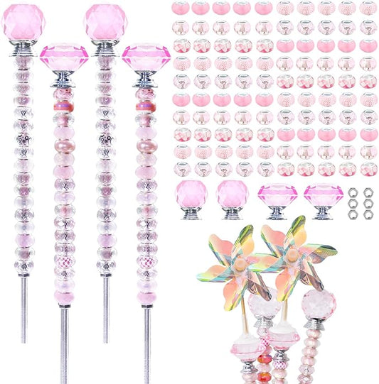 101 PCS Beaded Garden Stakes Kit, DIY Fairy Wand Garden Stake Beads Kits with Pink Large Hole Beads 4 Crystal Stopper Top Threaded Rods and 2 Colored Small Windmills for Outdoor Indoor Decor