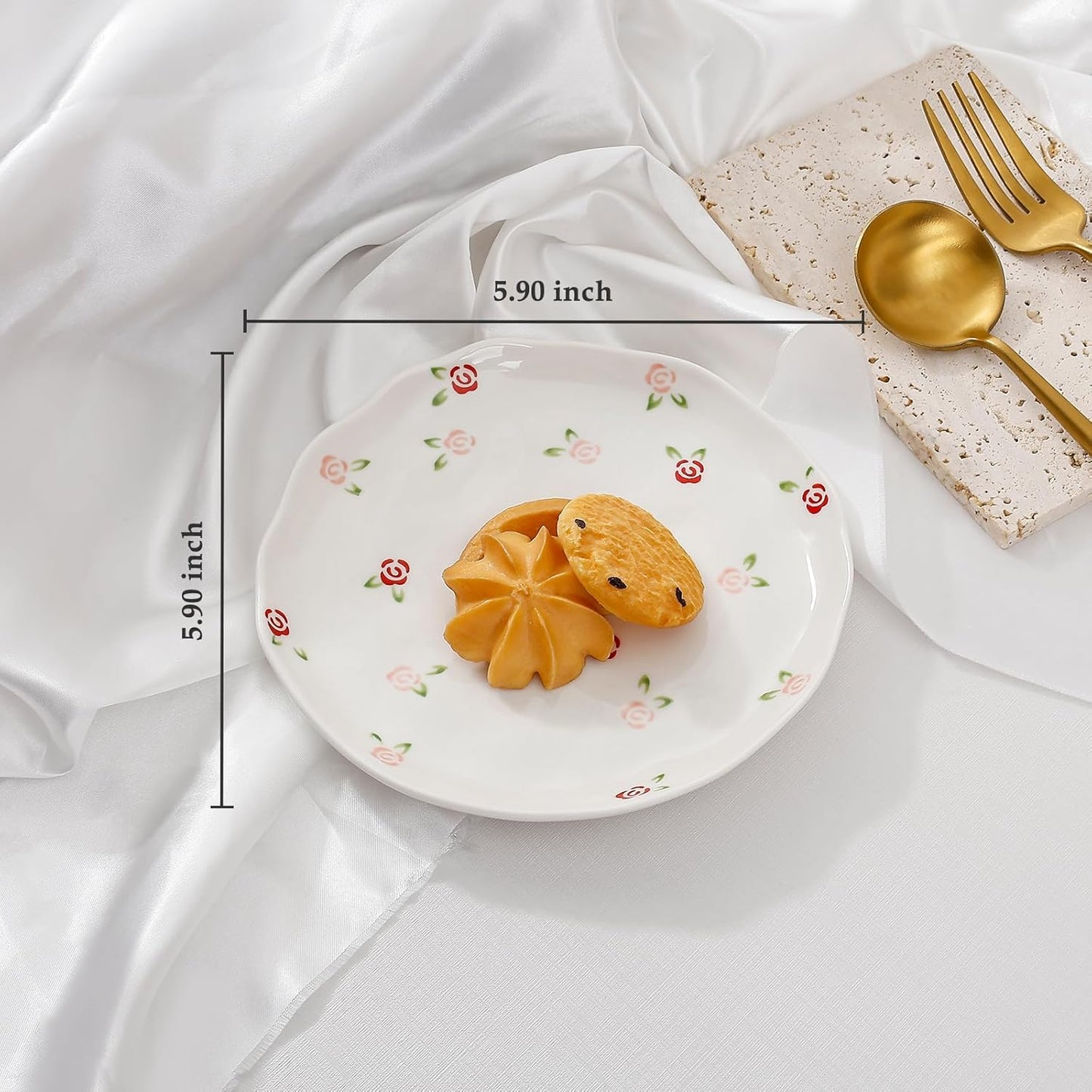 Koythin Ceramic Dessert Plates, Cute Fruits Dinner Plate, Printed Flowers Dinnerware for Office and Home, Kitchen Plates for Desserts (Red Rose Fragmented Flowers)