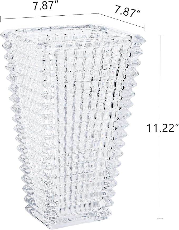 VECELO Crystal Glass Vase for Flowers, 11 Inch Clear Decorative Centerpiece Vase, Modern Square Textured Flower Vase for Dining Table, Wedding, Living Room, Office Decor