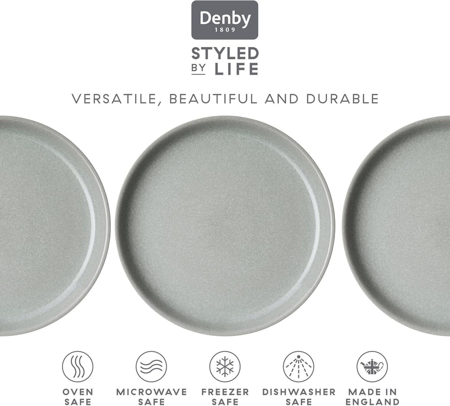Denby - Elements Light Gray Coupe Dinner Plates Set of 6 - Dishwasher Microwave Oven Safe - Scratch Chip Resistant - Large Ceramic Stoneware Dinnerware Plates Set