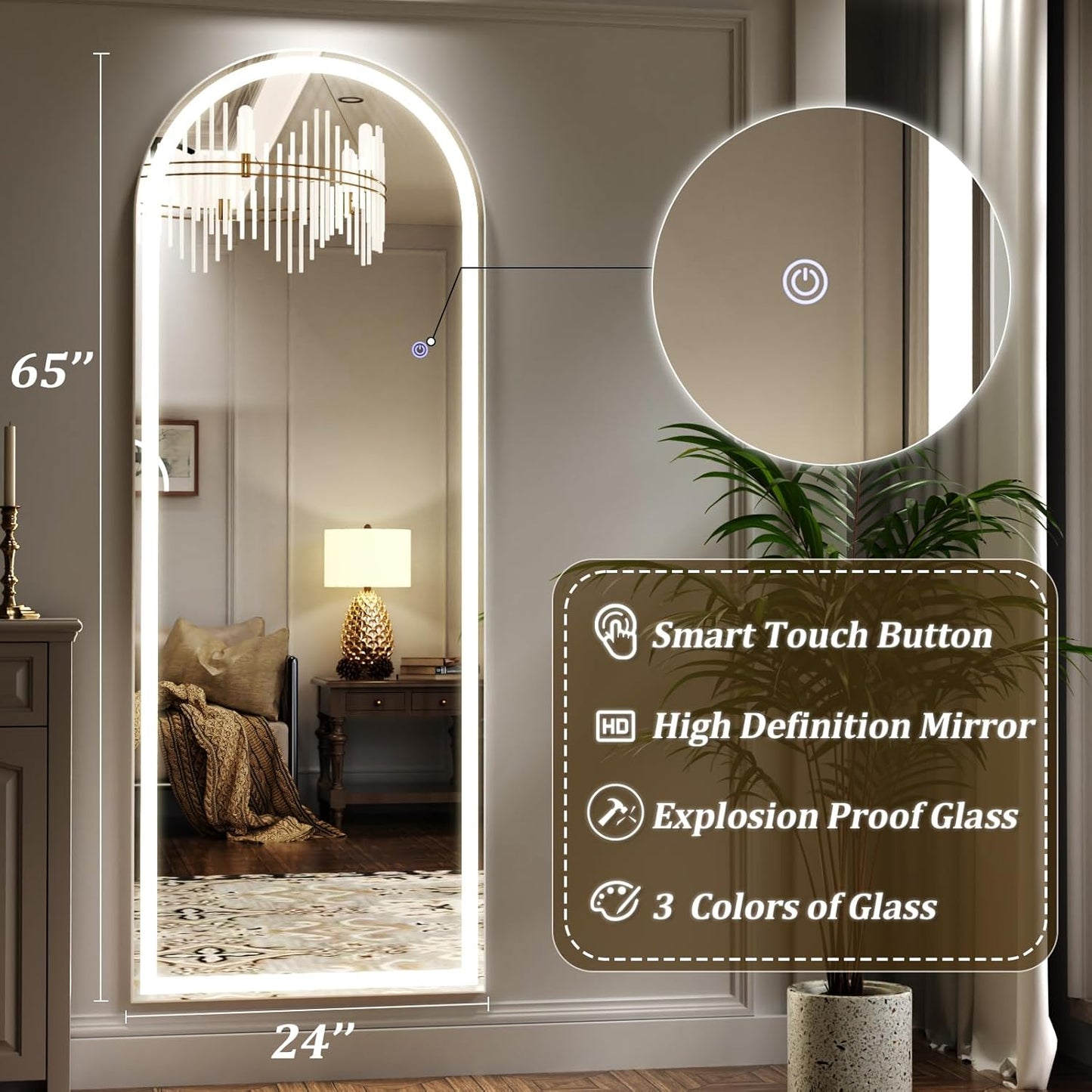 LED Arched Full Length Mirror with Lights 65"x24" - Lighted Floor Mirror with Dimming & 3 Color Lighting, Aluminum Frame Standing Leaning or Hanging for Bedroom Cloakroom White