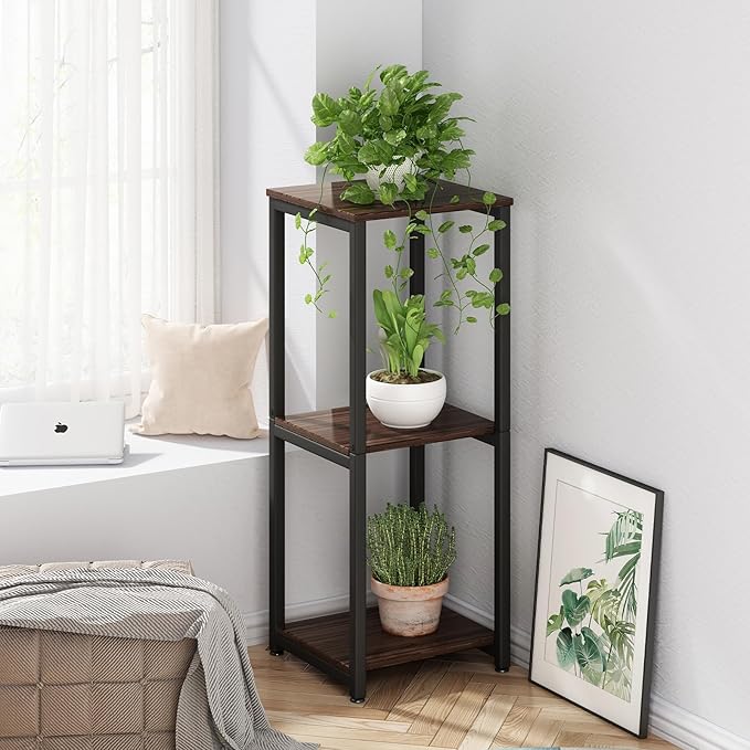 Plant Stand Indoor Corner Tall 3 Tier Metal Modern Flower Storage Plant Shelf Holder for Living Room Balcony Garden,Black Oak (3 Tier-Black Oak)