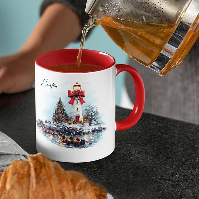 Unique Rowing Festival Cup, Custom Name Holiday Mug, Personalized Christmas Coffee Cup, Gift For Winter Lovers, Customized Christmas Accent Mug, Lighthouse And Bow Ceramic Cup 11oz 15oz