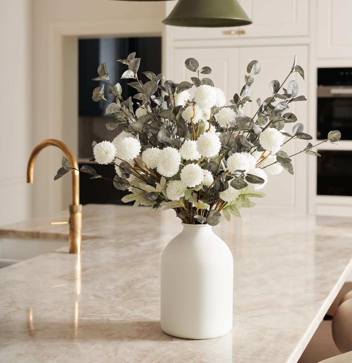 Laelfe 10 Kiku Flowers + 5 Large Eucalyptus Bunches, Silk Fake Pompon Mums (Ball Flower Stems) - Decor for Home, Wedding Filler, Centerpieces & Shower Arrangements