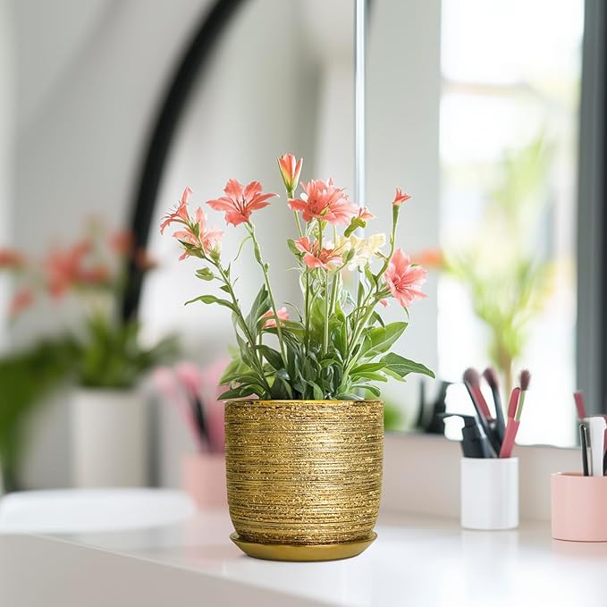 Succulent Pot 5 Inch - Ceramic Plant Pot for Indoor Flowers, Decorative Round Indoor Planter with Drainage Hole and Saucer, Plant Lover Gifts, Patio Office Home Room Decor, Gold