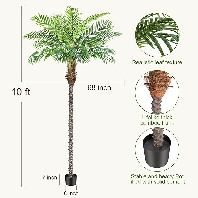 10ft Tall Artificial Phoenix Palm Tree for Outdoor Indoor Decor, Large Faux Coconut Silk Palm Tree Tropical Fake Tree Perfect for Outside Patio Poolside Home Office Decor (Set of 2)