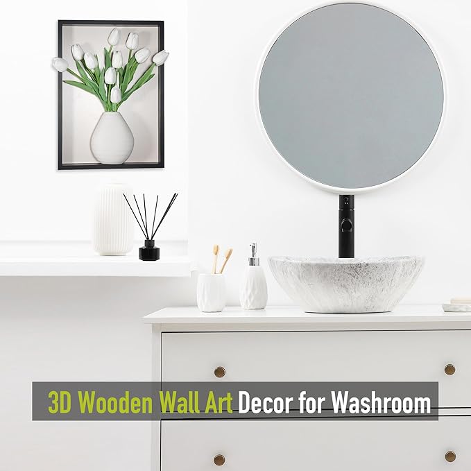 yimido Wall Planter Vase with Ceramic Pot & Artificial Tulips, 3D Wooden Wall Art Hanging Vases for Flowers, Indoor Wall Plant Holder for Home Decor, Wall Mounted Frame for Dried/Fresh Plants, Black