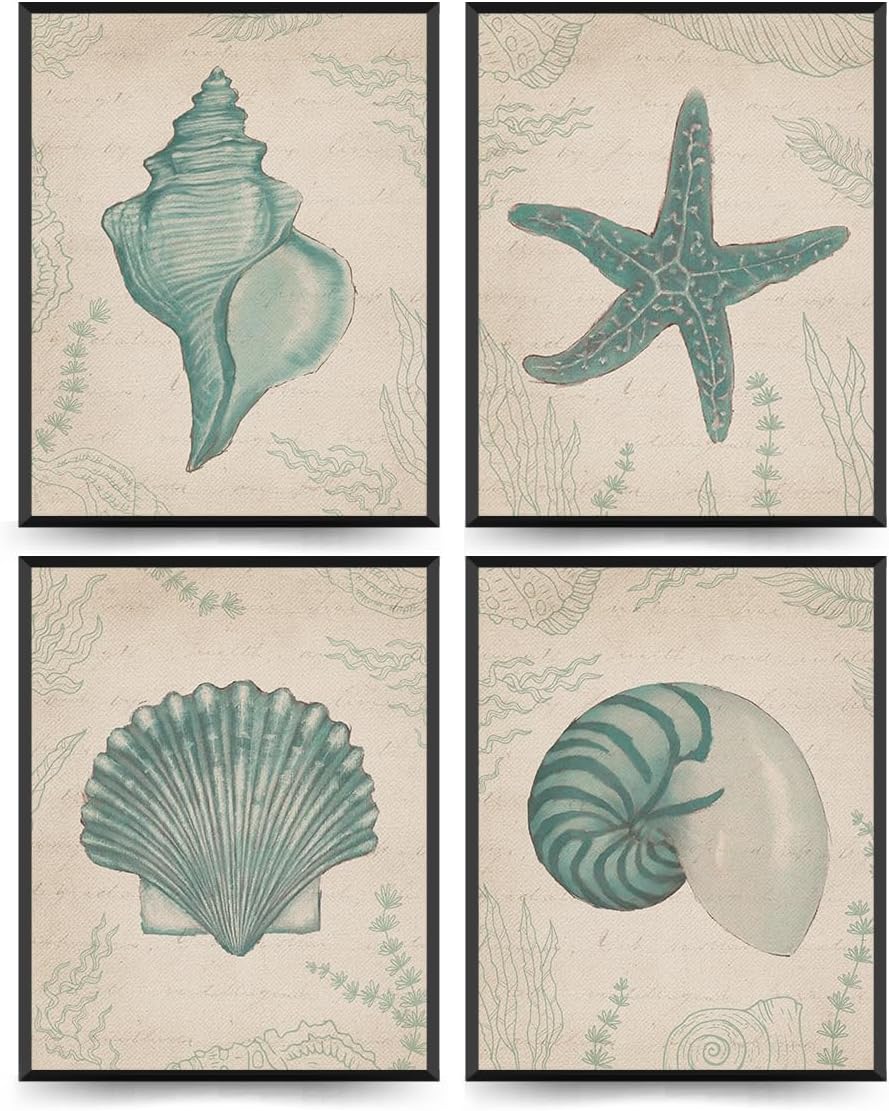 ETVISO Vintage Coastal Wall Art Set of 4, Bathroom Wall Decor, Starfish Seashell Conch Wall Decor, Ocean Theme Decor for Farmhouse Bathroom Coastal Kitchen, 8x10 (Unframed)