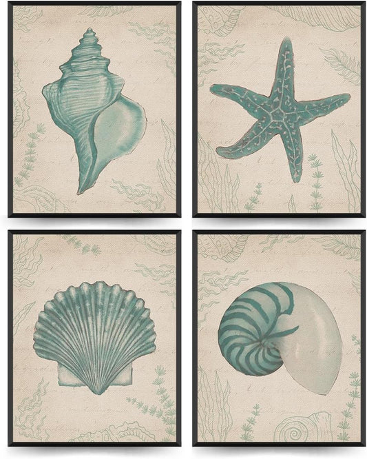 ETVISO Vintage Coastal Wall Art Set of 4, Bathroom Wall Decor, Starfish Seashell Conch Wall Decor, Ocean Theme Decor for Farmhouse Bathroom Coastal Kitchen, 8x10 (Unframed)