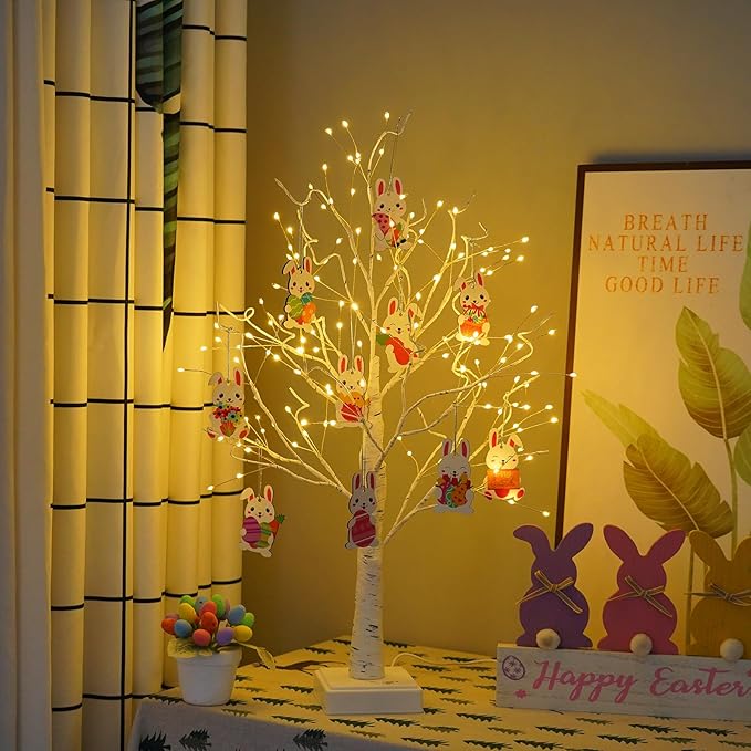 4th of July Decorations Patriotic Tree Lights, 144 LED Artificial Tree Lamp with Timer, DIY Birch Tree Lighted with USB/3AA Battery, Fairy Light Spirit Tree for Home Bedroom Decor (Warm White)