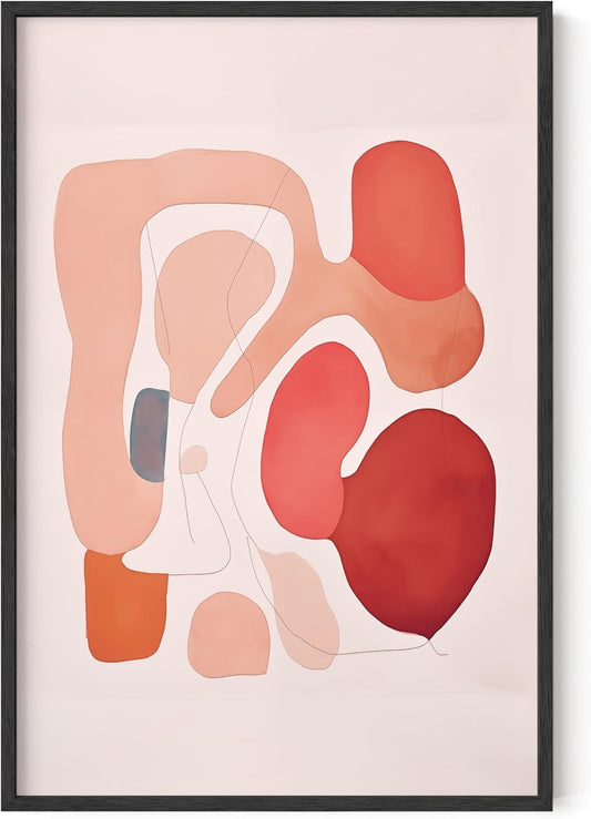 HAUS AND HUES Colorful Abstract Wall Art - Minimalist Retro Picture for Living Room Decor, Red and Pink Modern Wall Art Painting (Pink Abstract Shapes, Black Frame, 24x36)